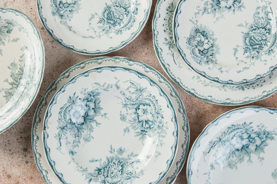 Antique Porcelain Plates on Concrete